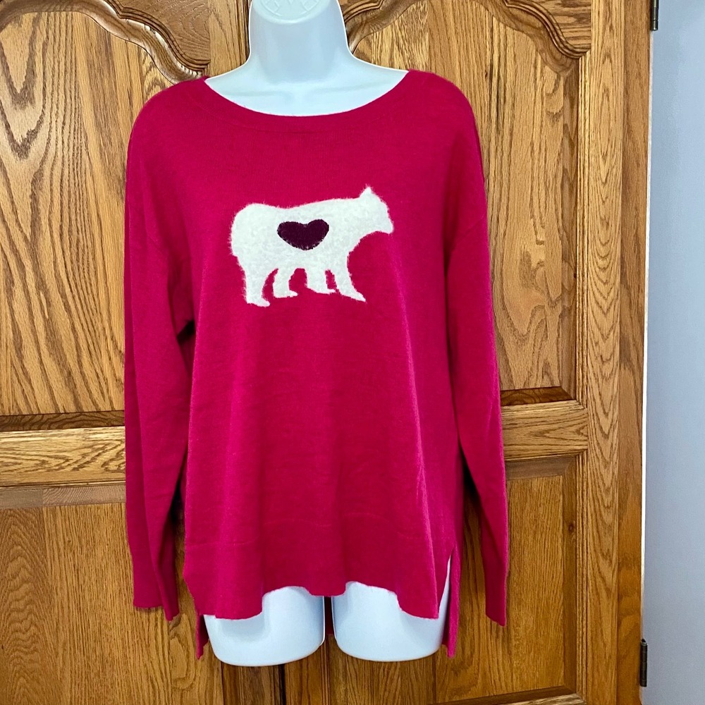 Sundance Mighty Polar Bear Heart Intarsia Knit Sweater Fuchsia Pink Women's M